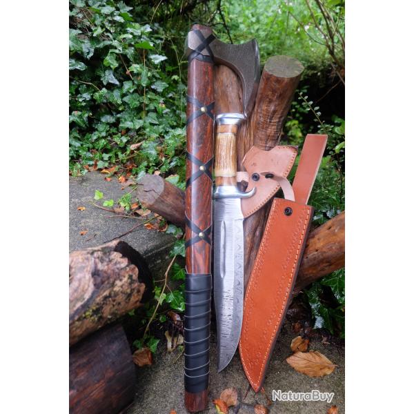 Set De Viking : Hache Lame Acier Carbone 1055 Manche Bois + Couteau Lame Damas Etui Cuir Artisanat