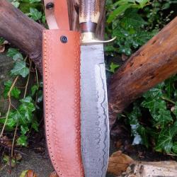 Gros COUTEAU BOWIE LAME DAMAS 256 Couches MANCHE BOIS DE CERF Etui Cuir Fabrication Artisanale