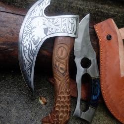 Set De Gimli : Hache Lame Acier Carbone 1055 Manche Bois + Couteau Lame Acier Etui Cuir Artisanat