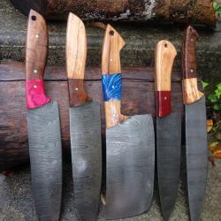 LOT DE 5 Couteau De Cuisine Couteau de Chef Lame Acier Damas 256 Couches Fabrication Artisanale 002