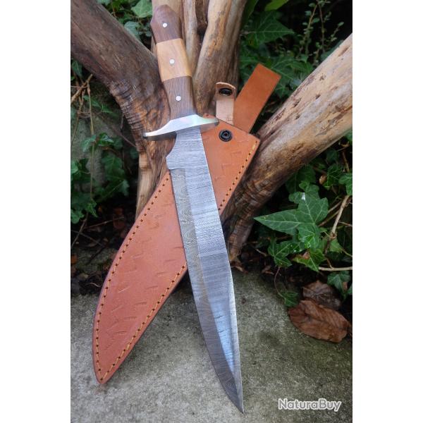 Poignard XXL Couteau Damas Lame 256 Couches Clip Point Manche 2 Bois Fabr Artisanale Etui Cuir