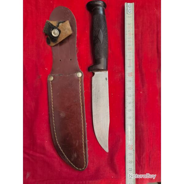 Canif vintage a lame droite inox poigne matire plastique fourreau toile cire anne 50