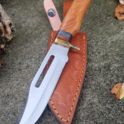 Poignard Puukko Couteau Lame Acier Carbone 1055 Clip Point Manche Bois Fab Artisanale Etui Cuir