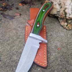 Poignard Skinner Lame Acier Carbone 1055 Ecailles de Dragon Manche Bois/Acier Etui Cuir F Artisanale