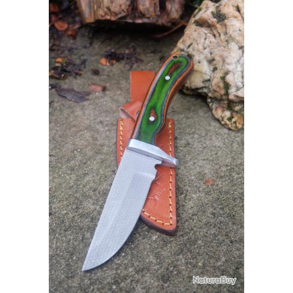 Poignard Skinner Lame Acier Carbone 1055 Ecailles de Dragon Manche Bois/Acier Etui Cuir F Artisanale