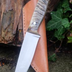 Couteau De Chasse Skinner Bushcraft Lame Acier Carbone 1055 Manche Bélier Etui Cuir Fab Artisanale