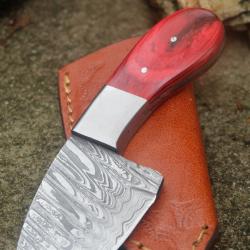 Couteau Derringer Skinner Damas Lame Acier 256 Couches Manche Bois Rubis Fabric Artisanale Etui Cuir