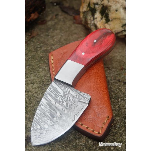 Couteau Derringer Skinner Damas Lame Acier 256 Couches Manche Bois Rubis Fabric Artisanale Etui Cuir