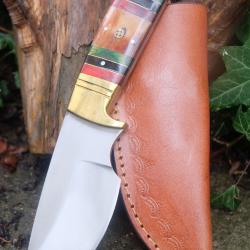 Couteau de Chasse Survie Lame Acier Carbone 1055 Manche Bois/Os/Laiton Etui Cuir F Artisanale
