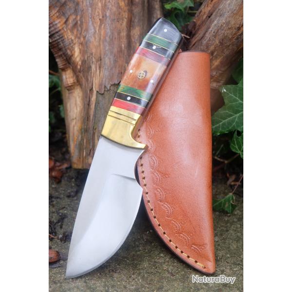 Couteau de Chasse Survie Lame Acier Carbone 1055 Manche Bois/Os/Laiton Etui Cuir F Artisanale