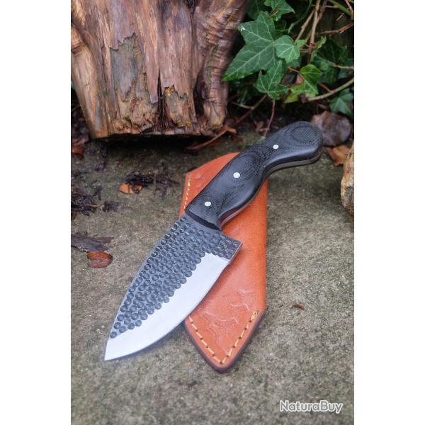 Couteau de Chasse Dcoupe Survie Lame Acier Carbone 1055 Manche Micarta Etui Cuir Fabric Artisanale