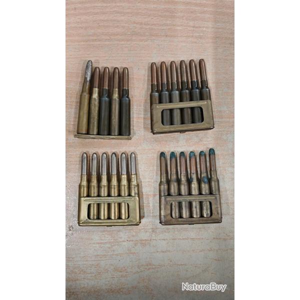 LOT DE 23 CARTOUCHES 6.5 X 52 mm WW1 - WW2 AVEC LEURS CLIPS D'ORIGINE