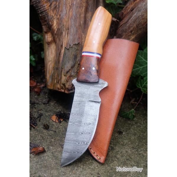 Couteau Patriote Damas Lame Drop Point Acier 256 Couches Manche 2 Bois BBRouge Etui Cuir F Artisan