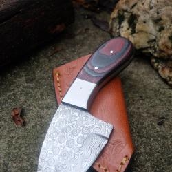 Couteau Derringer Skinner Damas Lame Acier 256 Couches Manche Micarta Fabric Artisanale Etui Cuir