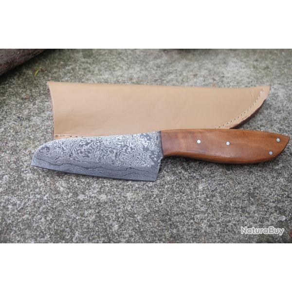 Skinner Couteau de Chasse/Cuisine Damas Lame 256 Couches Manche Olivier Fabric Artisanale Etui Cuir