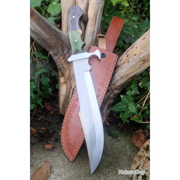 Poignard Couteau de Chasse Lame Acier Carbone 1055 Manche Bois Etui Cuir Fabrication Artisanale