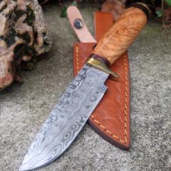 Poignard Puukko Couteau Lame Acier Damas 256 Couches Drop Point Manche Bois Fab Artisanale Etui Cuir