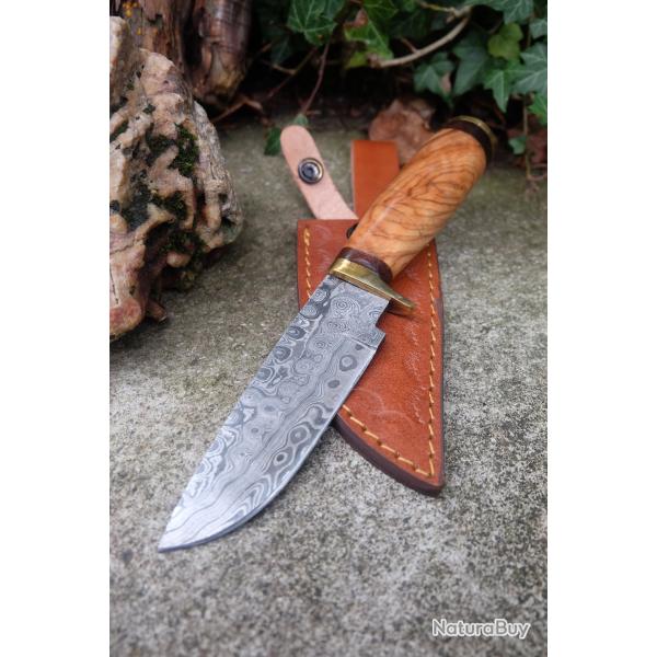 Poignard Puukko Couteau Lame Acier Damas 256 Couches Drop Point Manche Bois Fab Artisanale Etui Cuir