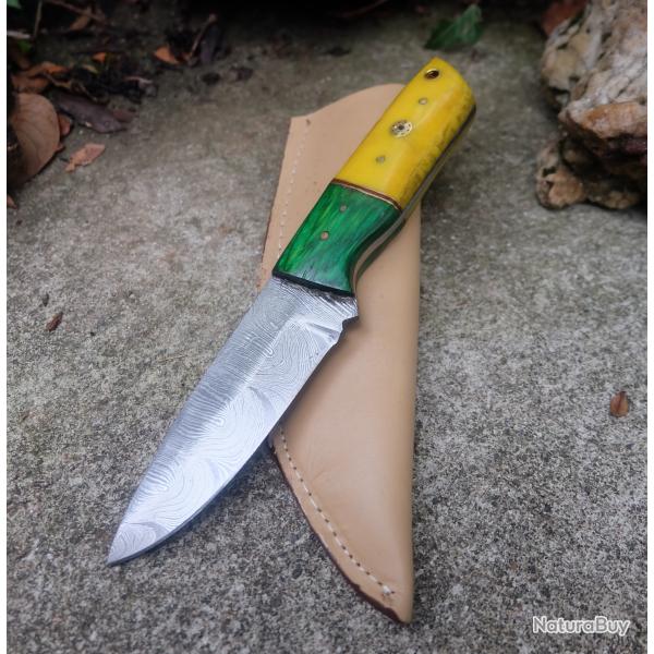Skinner Couteau de Chasse Damas Lame 256 Couches Manche Os Yellow & Bois Fabr Artisanale Etui Cuir