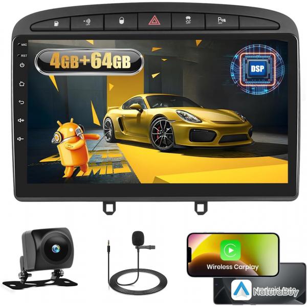 Autoradio Android 4G+64G pour Peugeot 308/408 2007-2015 avec Wireless Carplay&Android Auto, 9'' IPS