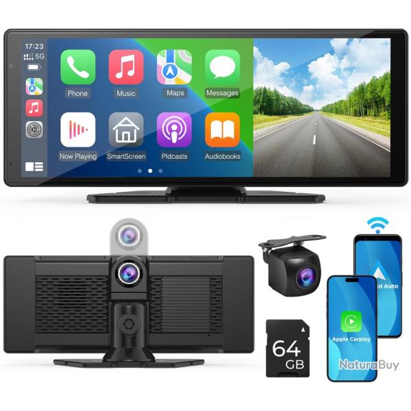 Autoradio sans fil Carplay et Android Auto cran tactile 10,26" : camra de recul 1080p, Mirror Link