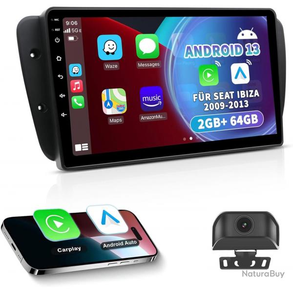 Autoradio pour Seat Ibiza 6J 2009-2013 : cran Tactile Android 13 de 9 Pouces : CarPlay/Android Auto