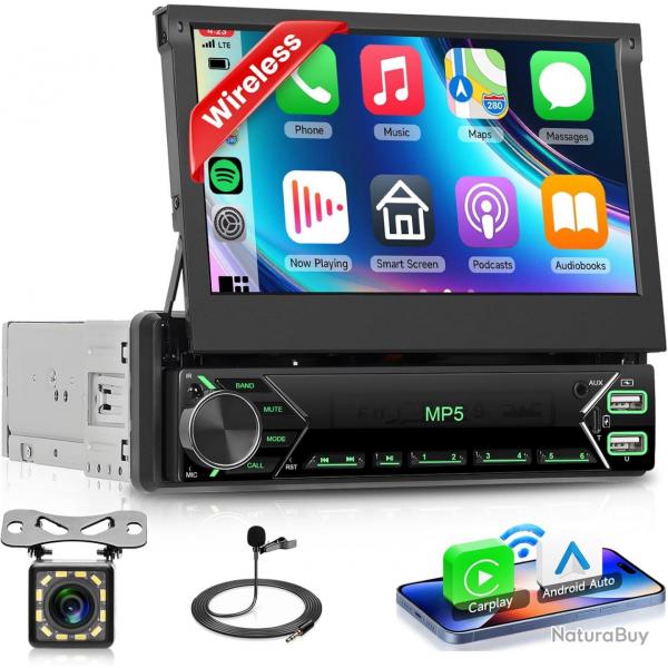 Autoradio Carplay Android Auto sans Fil avec cran rtractable lectriquement de 7 Pouces,Radio FM 1