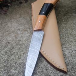 Couteau De Pêcheur A Lever Les Filets Lame Acier Damas 256 Couches Manche Bois Etui Simi Artisanat