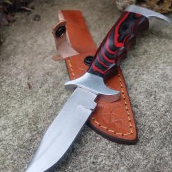Couteaux De Chasse Skinner Lame Acier Damas 256 Couches Manche Bois Etui Cuir Fabrication Artisanale