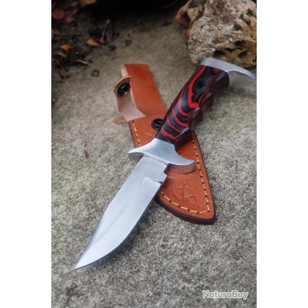 Couteaux De Chasse Skinner Lame Acier Damas 256 Couches Manche Bois Etui Cuir Fabrication Artisanale