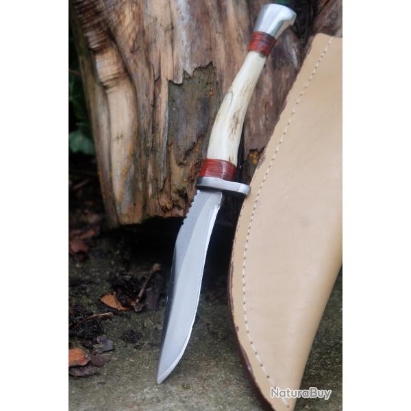 Little Skinner Couteau De Chasse Lame Acier Inox Manche Bois de Cerf Etui Simili Cuir Camping