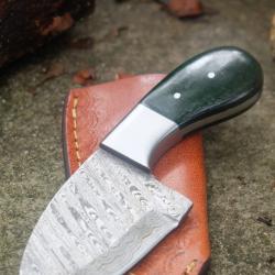 Couteau Derringer Skinner Damas Lame Acier 256 Couches Manche Micarta Fabric Artisanale Etui Cuir 01