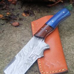 Couteau Skinner Découpe Damas Lame Acier 256 Couches Manche Bois Etui Cuir Fabr Artisanale