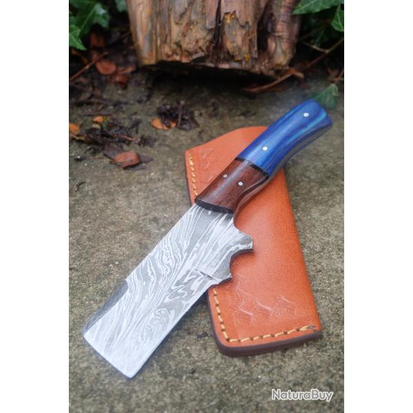 Couteau Skinner Dcoupe Damas Lame Acier 256 Couches Manche Bois Etui Cuir Fabr Artisanale