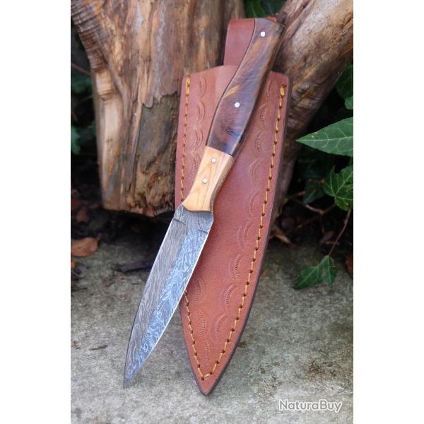 Couteau de Chasse Dague Damas Lame Acier 256 Couches Manche Bois Fabric Artisanale Etui Cuir