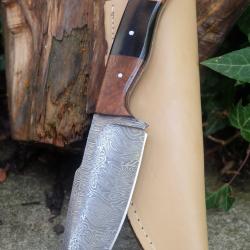Couteau Skinner Damas Lame Harpoon Acier 256 Couches Manche 2 Bois Etui Cuir Fabric Artisanale