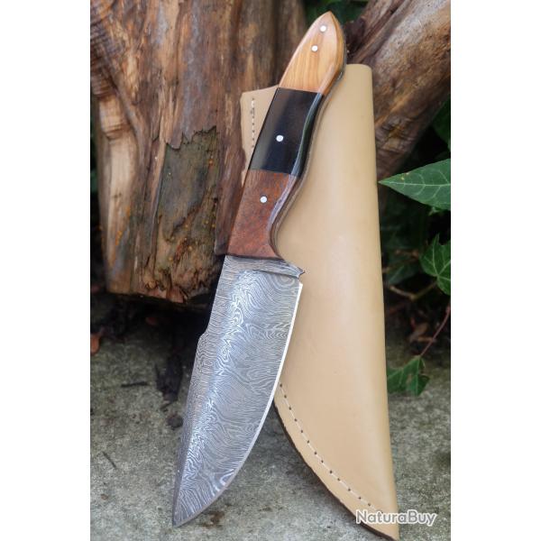 Couteau Skinner Damas Lame Harpoon Acier 256 Couches Manche 2 Bois Etui Cuir Fabric Artisanale