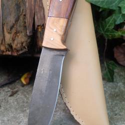 Poignard Bushcraft Couteau de Chasse Survie Lame Carbone 1055 Manche 2 Bois Etui Cuir F Artisanale