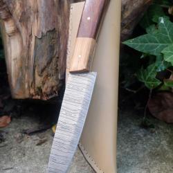 Couteau De Cuisine & Rando Lame Acier Damas 256 Couches Manche Bois Etui Simili Cuir F Artisanale