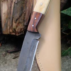 Poignard Bushcraft Couteau de Chasse Survie Lame Carbone 1055 Manche OS Bois Etui Cuir F Artisanale
