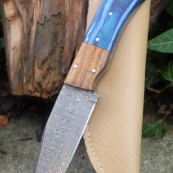 Couteau Skinner Damas Lame Drop Point Acier 256 Couches Manche 2 Bois/Océan Etui Cuir F Artisanale