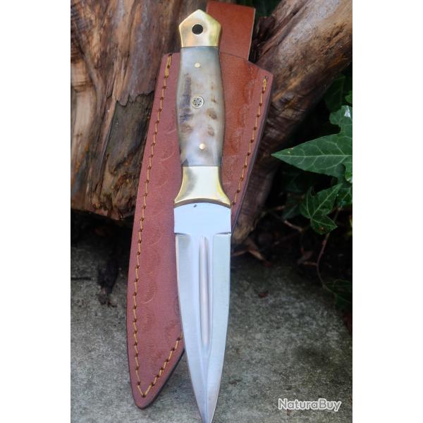 Couteau De Chasse Dague Lame Acier Carbone 1055 Manche Blier & Laiton Etui Cuir Fab Artisanale