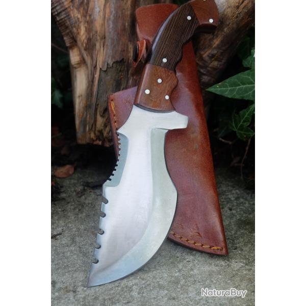 Couteau Bushcraft Trakker Survie Lame Acier Carbone 1055 Manche Bois Etui Cuir Fabr Artisanale