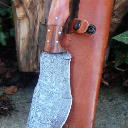 Couteau de Chasse Trakker Damas Lame 256 Couches Manche Bois & Os Brown Fabric Artisanale Etui Cuir