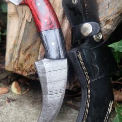Couteau Karambit Lame Acier Damas 256 Couches Manche Bois Etui Cuir Port Horizontal Fabr Artisanale