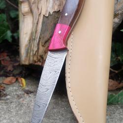 Couteau De Pêcheur A Lever Les Filets Lame Acier Damas 256 Couches Manche 2 Bois Etui Simi Artisanat