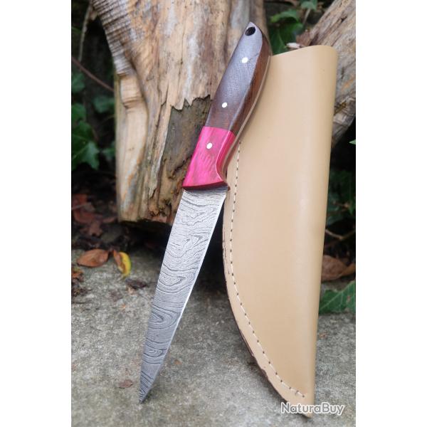 Couteau De Pcheur A Lever Les Filets Lame Acier Damas 256 Couches Manche 2 Bois Etui Simi Artisanat