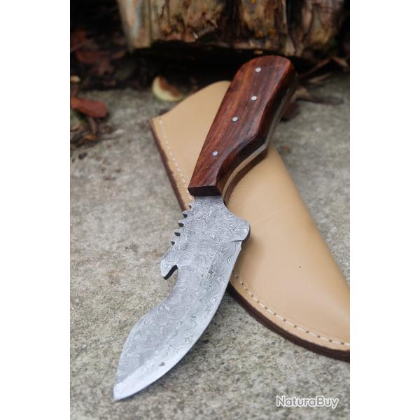 Couteau Skinner Damas Lame Acier 256 Couches Ouvre Bouteilles Manche Bois Rose Etui Cuir Fab Artisan