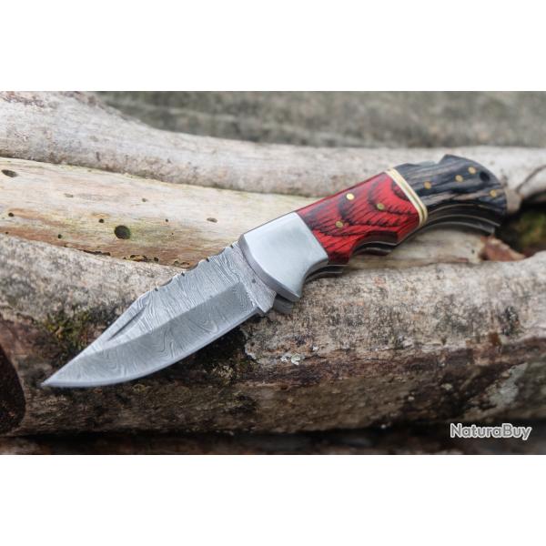 Couteau Lame Damas 128 Couches Manche 2 Bois Faon Buck 112 Lockback Fabr Artisanale