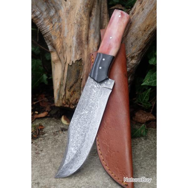 Couteau Bowie Damas Lame Clip Point Acier 256 Couches Manche Micarta/Os Etui Cuir Fab Artisanale